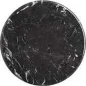 Black marquinia stone slab with white veining, circular polished surface and smooth finished edges against a white backdrop.